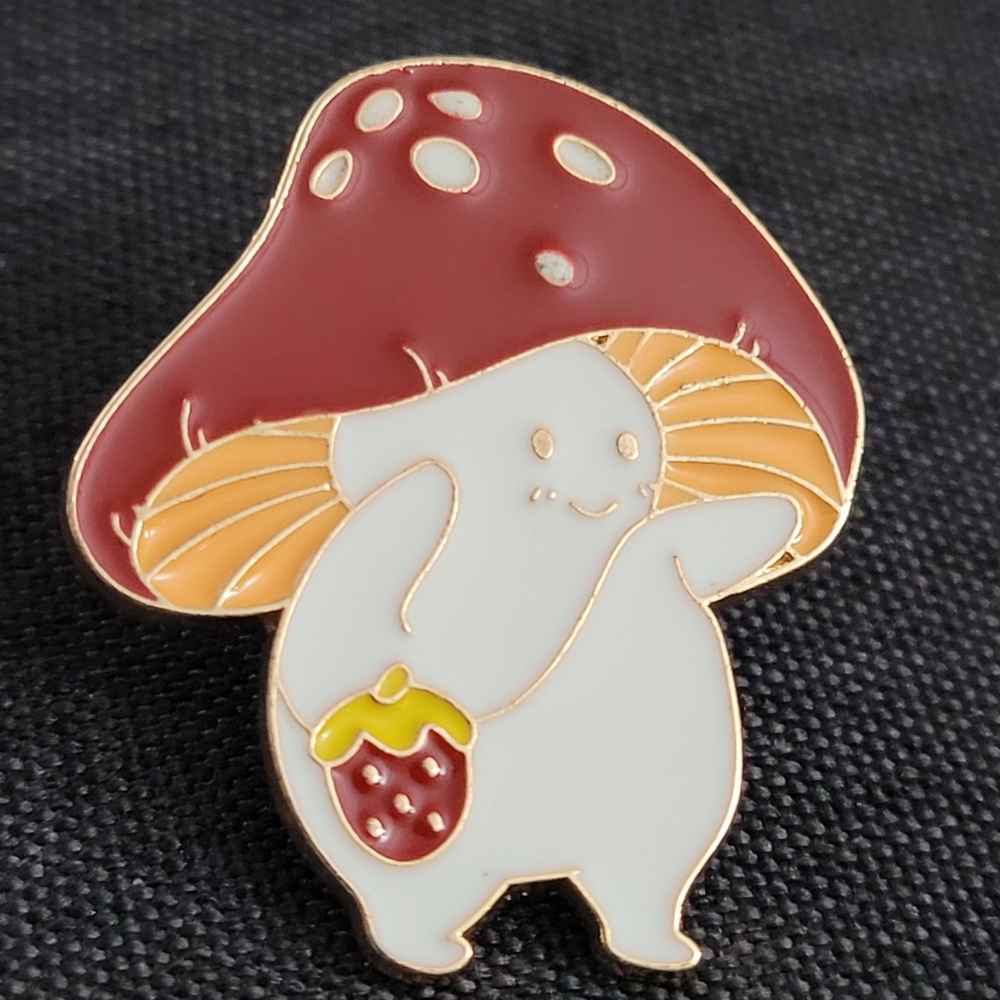 Mushroom Adorable Smiling Wearing A Strawberry Enamel Pin